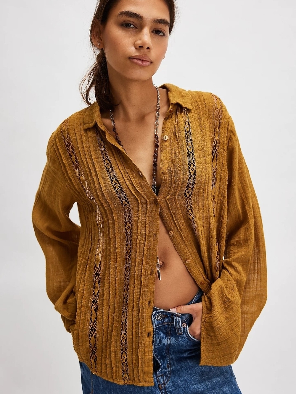 Free People One Mila Button Down Shirt in Cream Color - Picture 2 of 12